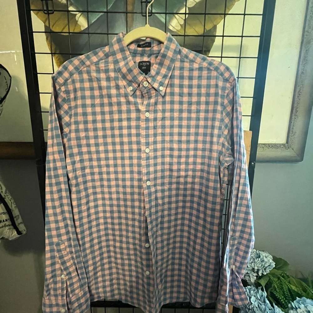 J. Crew Men's Pink and Blue Plaid Shirt